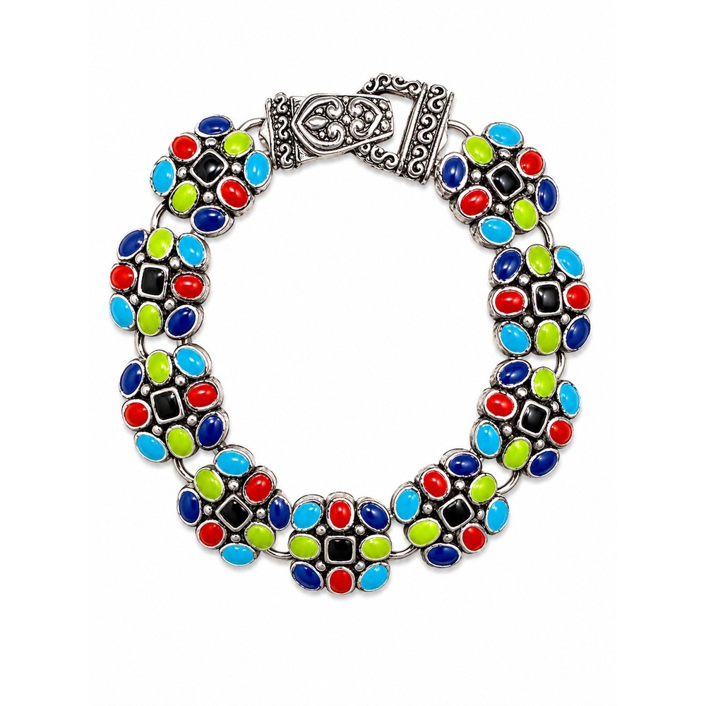 Vintage Enamel Floral Link Bracelet Silver Tone Multicolor Statement 7 Inches
